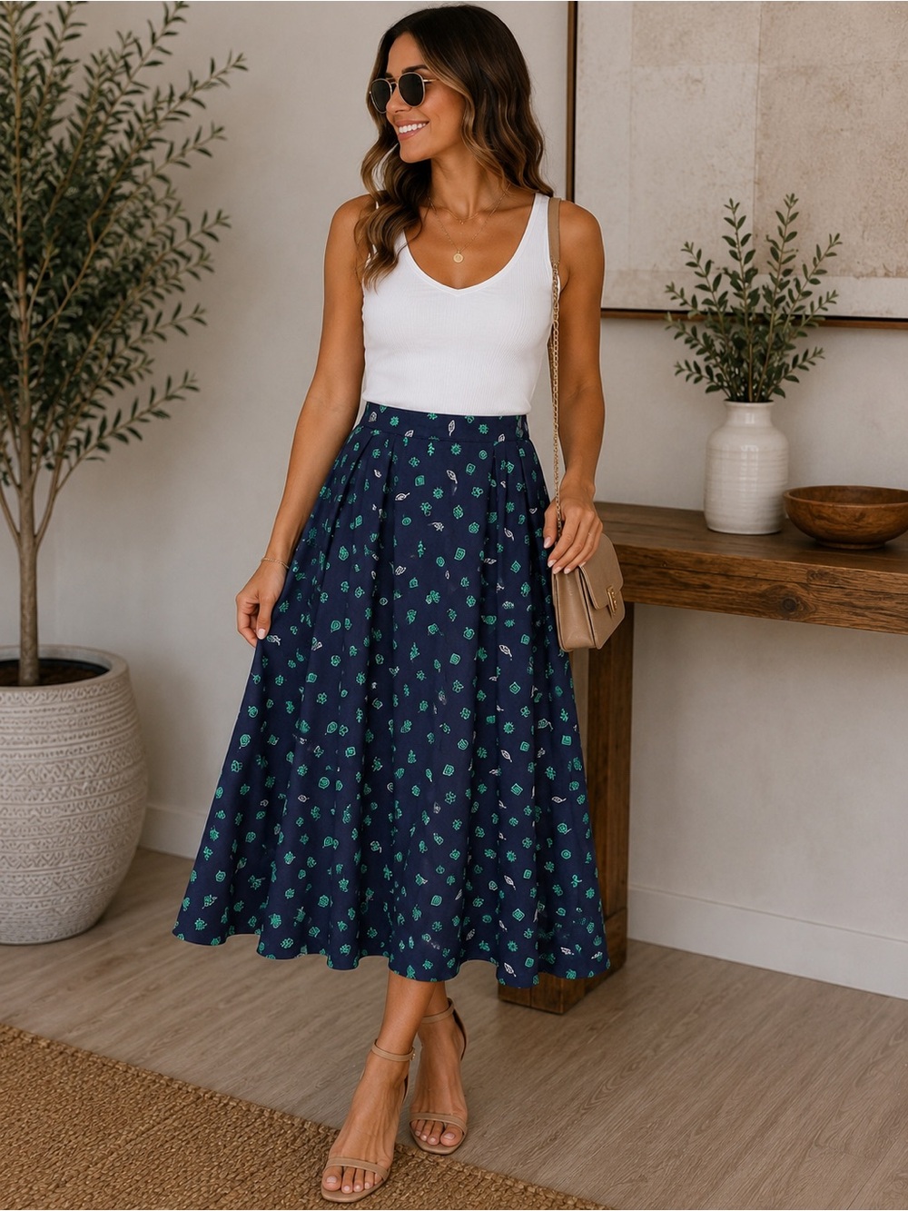 Koret Navy Midi Skirt with Green Floral Print
